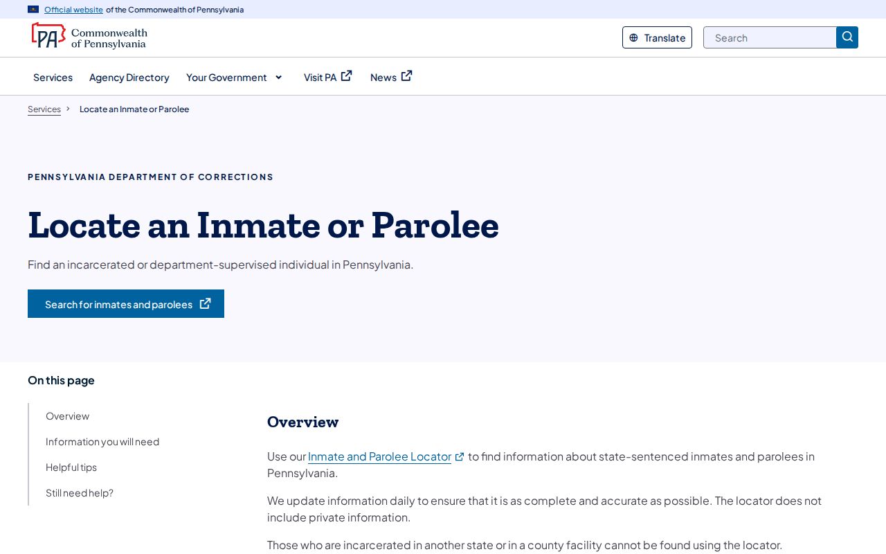 Pennsylvania inmate and parolee locator for Allegheny County searches