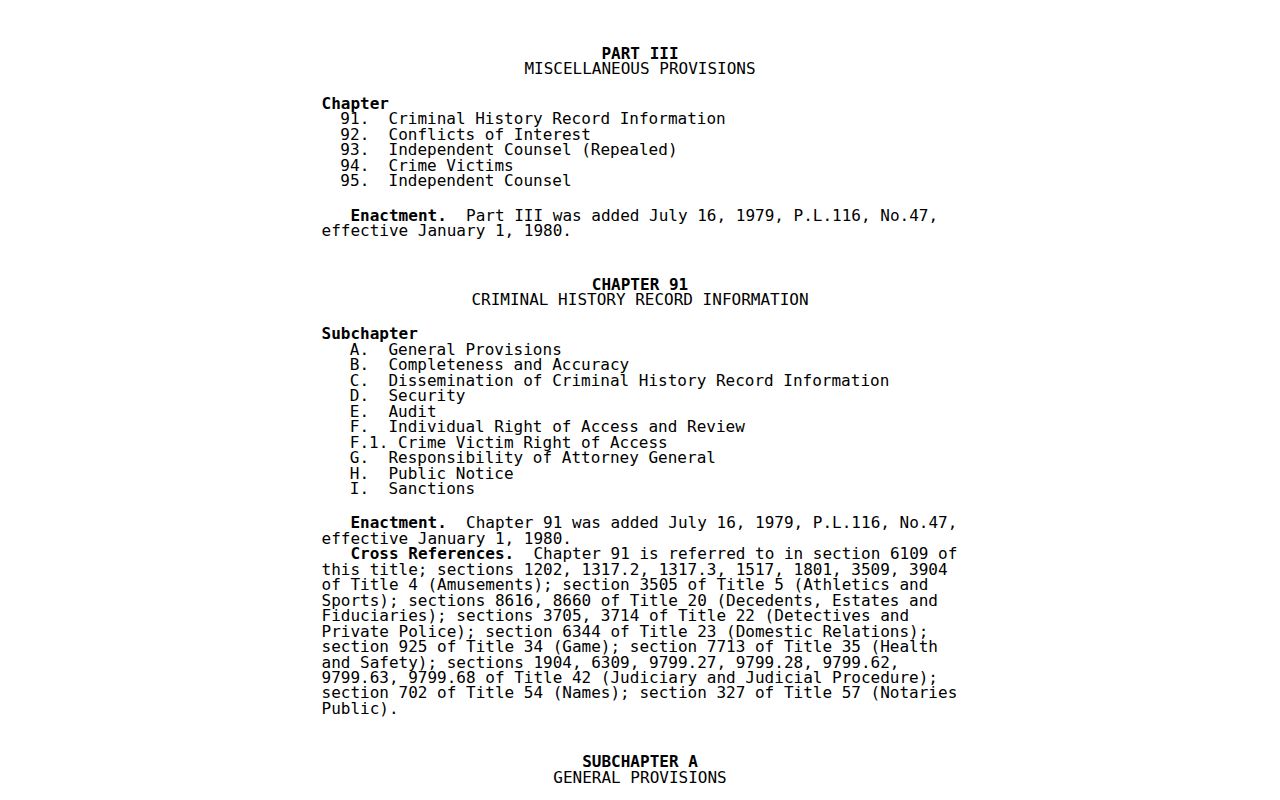 Pennsylvania criminal history dissemination and limited access law