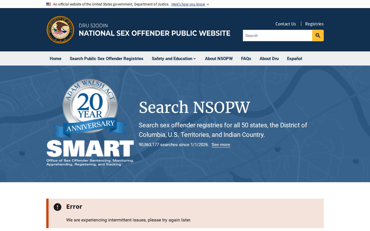 United States Department of Justice national sex offender registry search