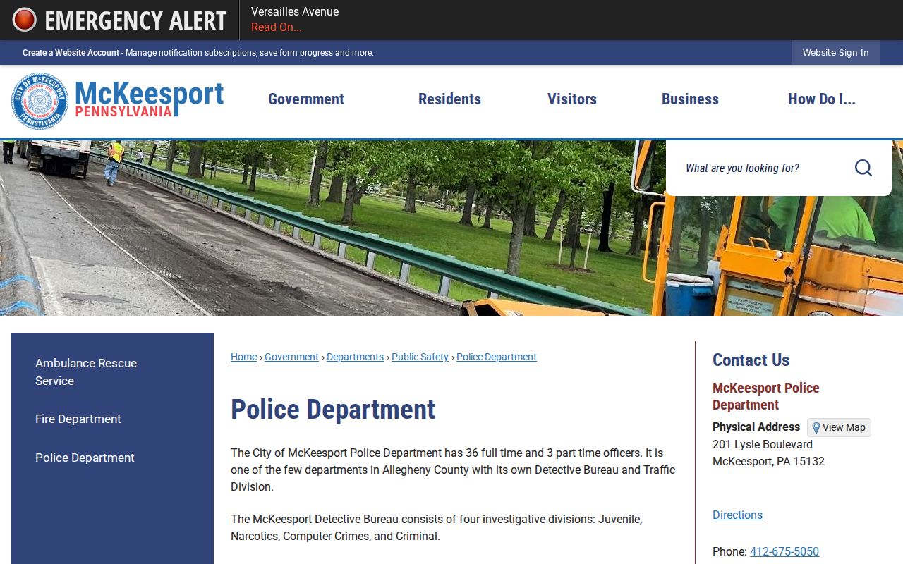 Official McKeesport Police Department page showing a separate municipal police source