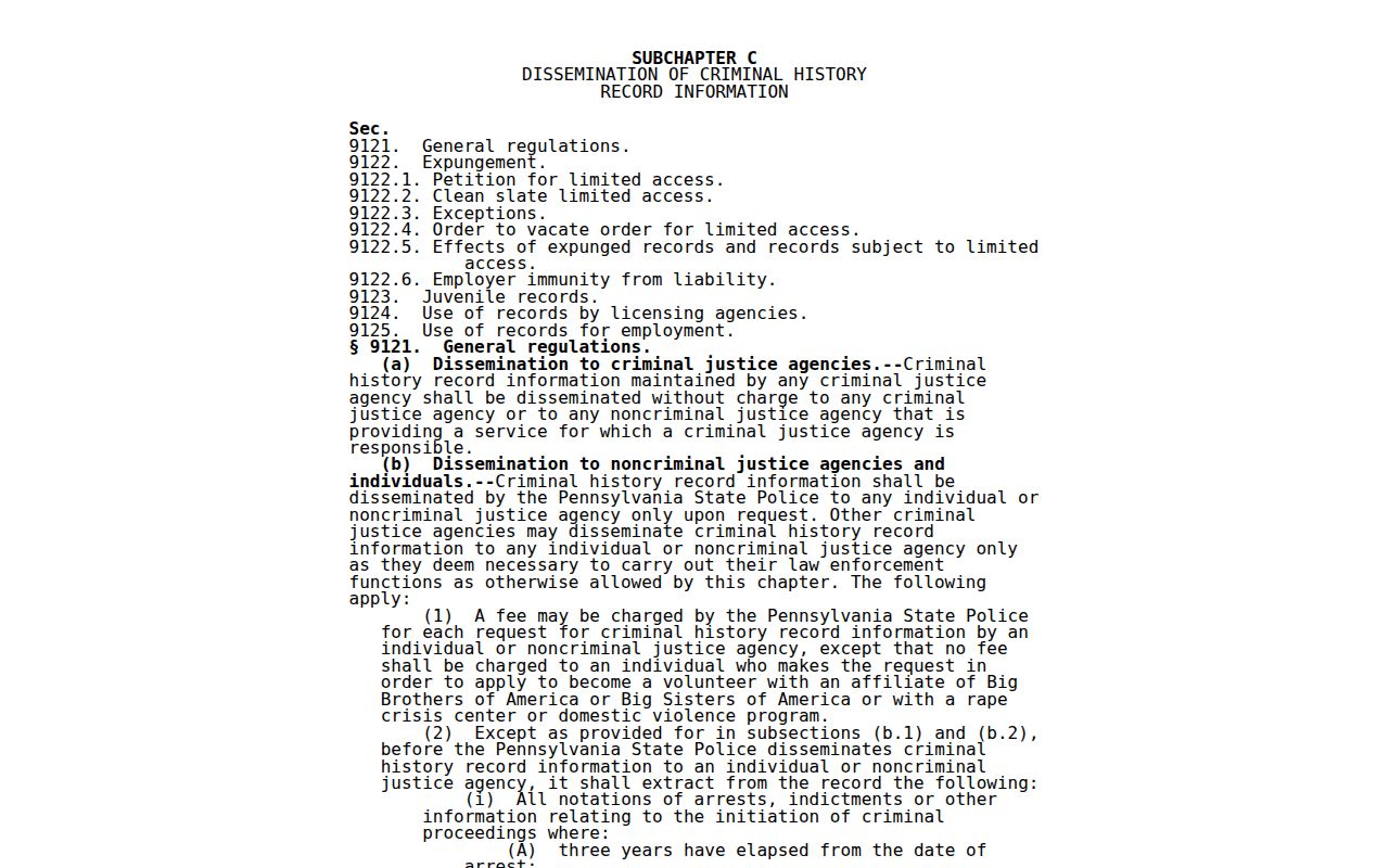 Pennsylvania criminal history dissemination statute