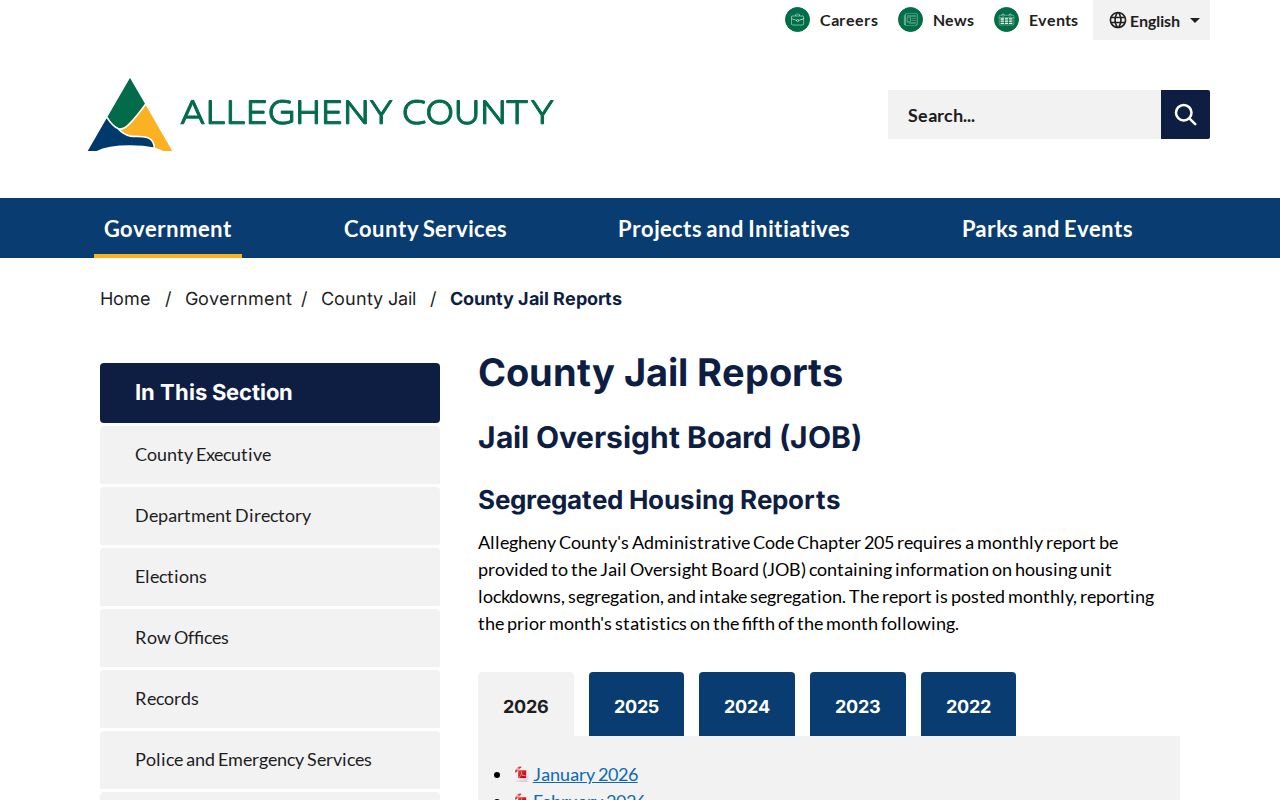 Allegheny County Jail monthly transparency reports